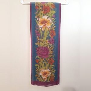 Vintage 90s Elaine Gold Silk Large Floral Print Semi Sheer Scarf 11x58